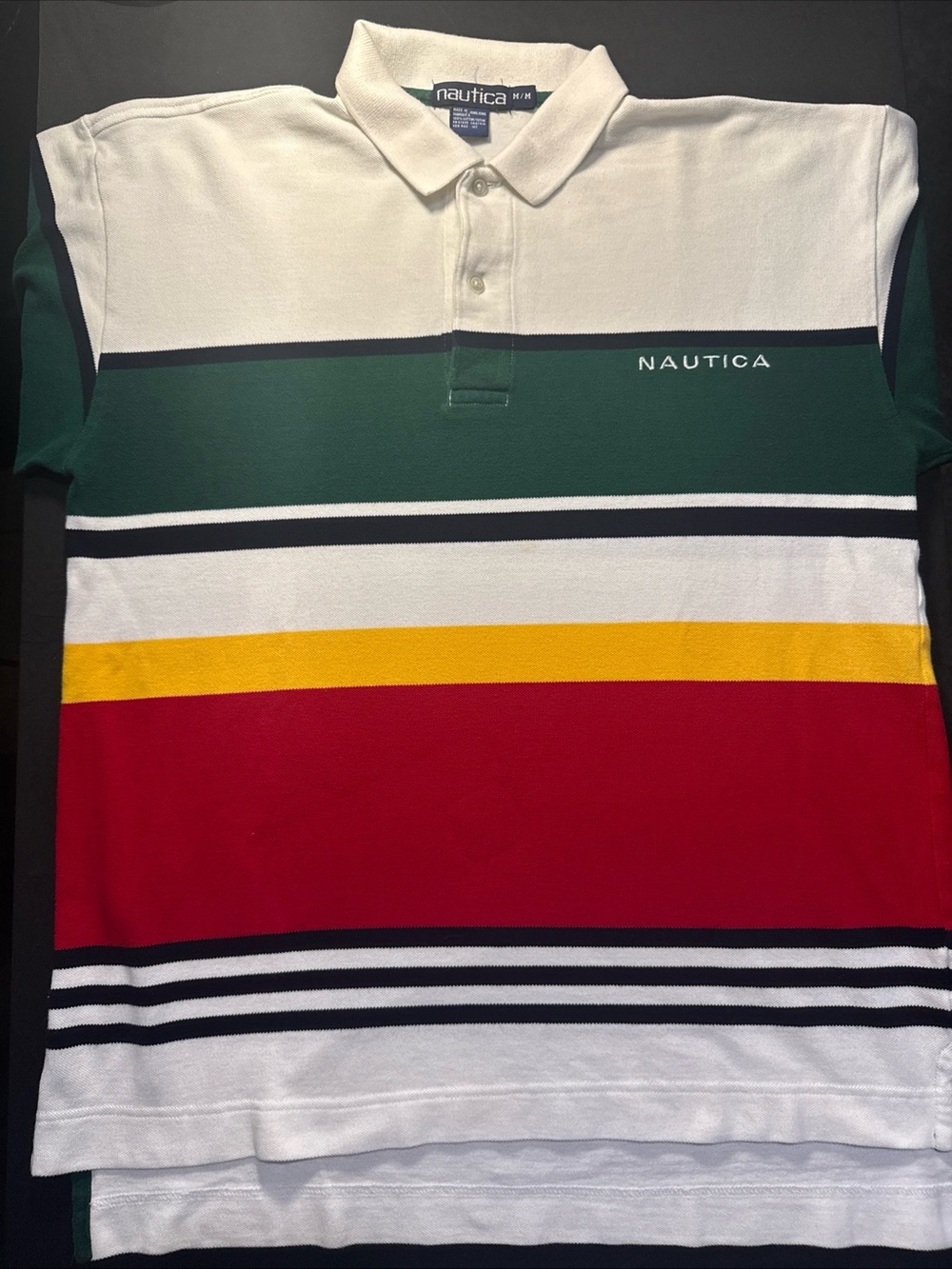 Vintage 90s Nautica Polo Shirt Mens Medium White Green Stripe Made In Hong Kong